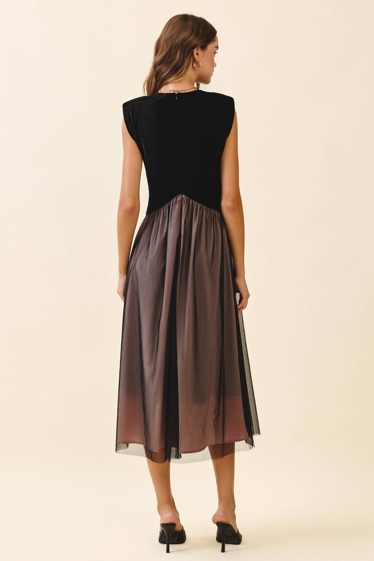 Velvet Fitted Bodice Padded Shoulder Midi Dress