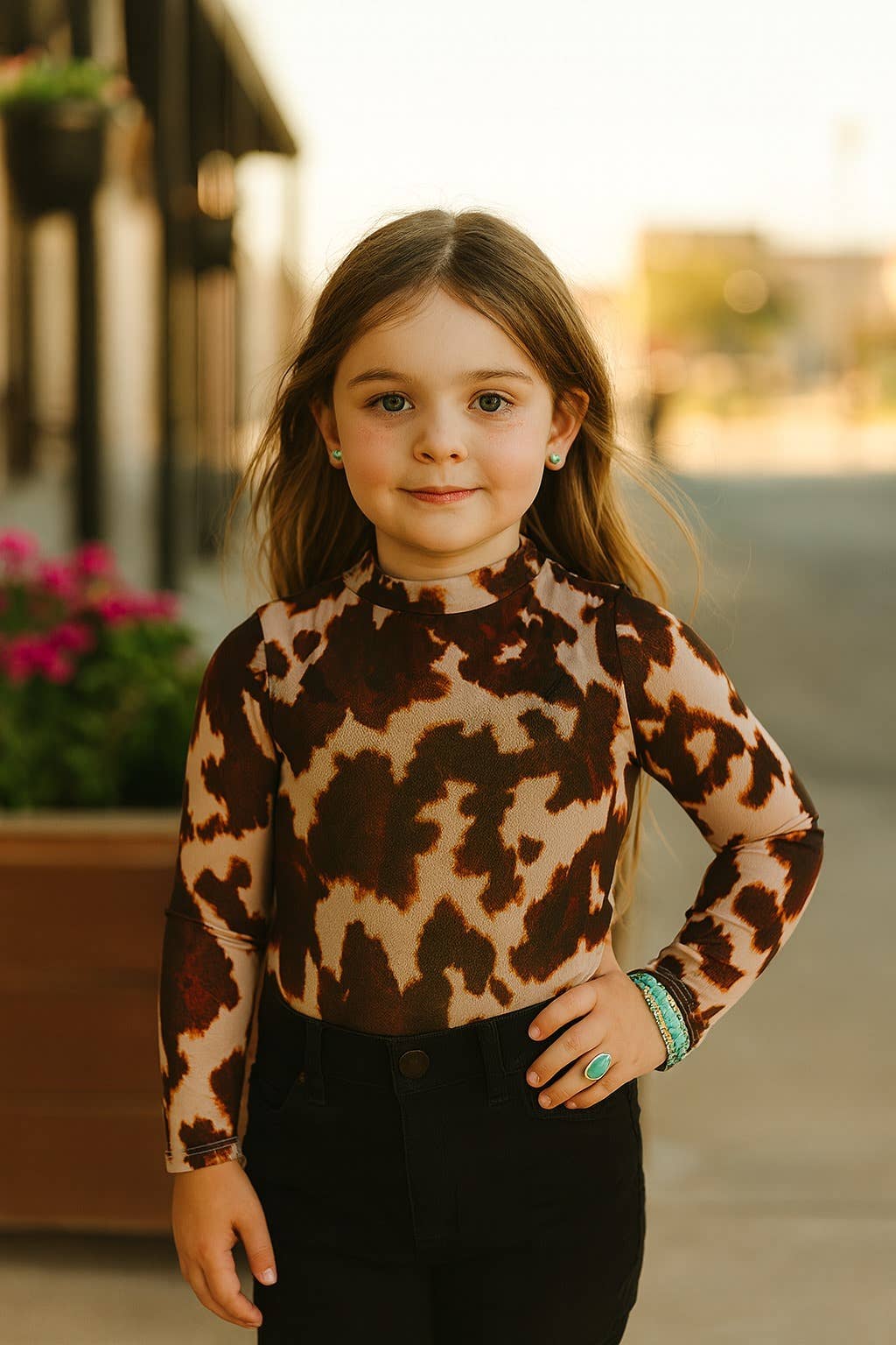 Girls Brown Cow Mesh Printed Top