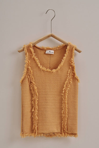 Frayed Trim Textured Knit Sleeveless Top