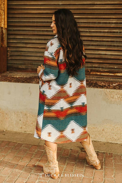 Plus Size Blue Teal Aztec Button Down Coat