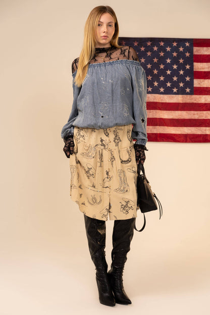Blue B Western Print Linen Button Up Skirt