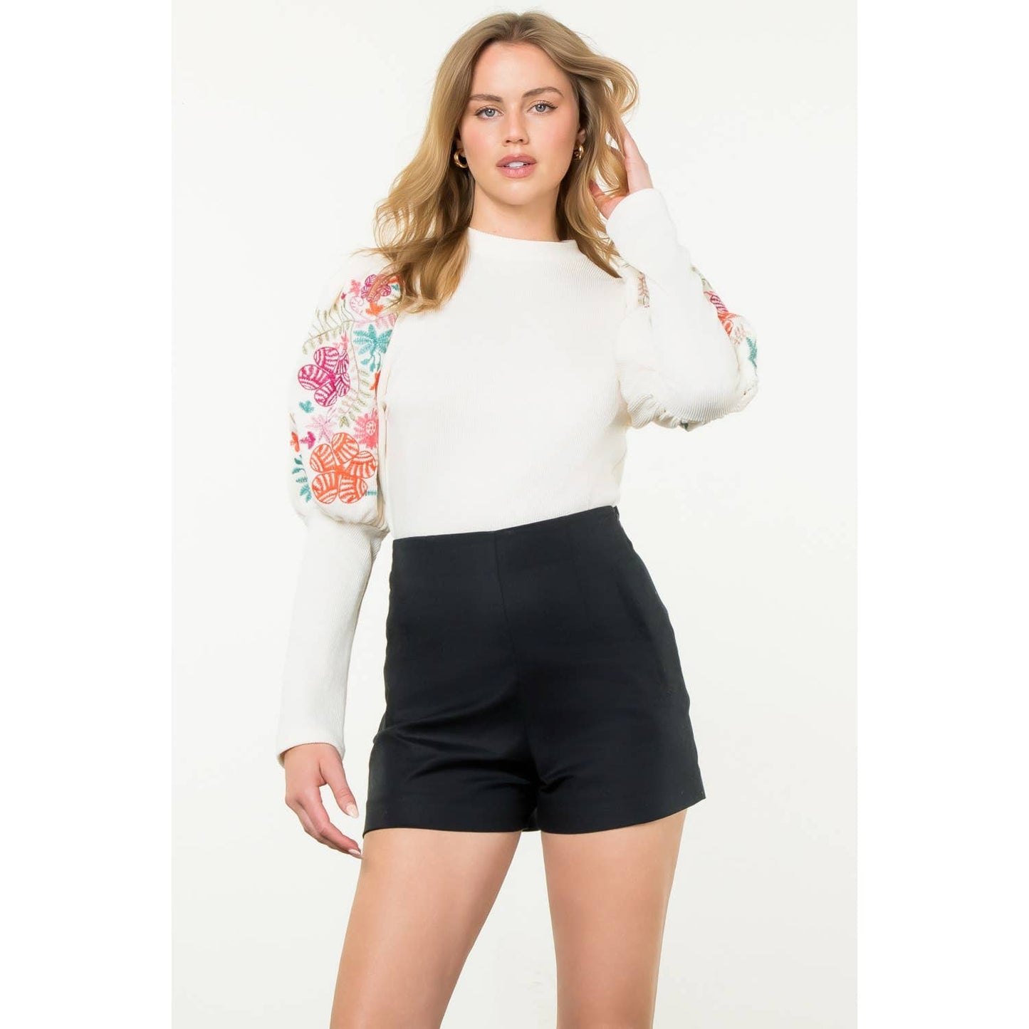 Embroidered Bishop Sleeve Sweater Top