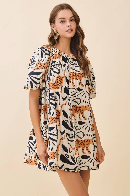 Leopard Print Gathered Round Neck Mini Dress