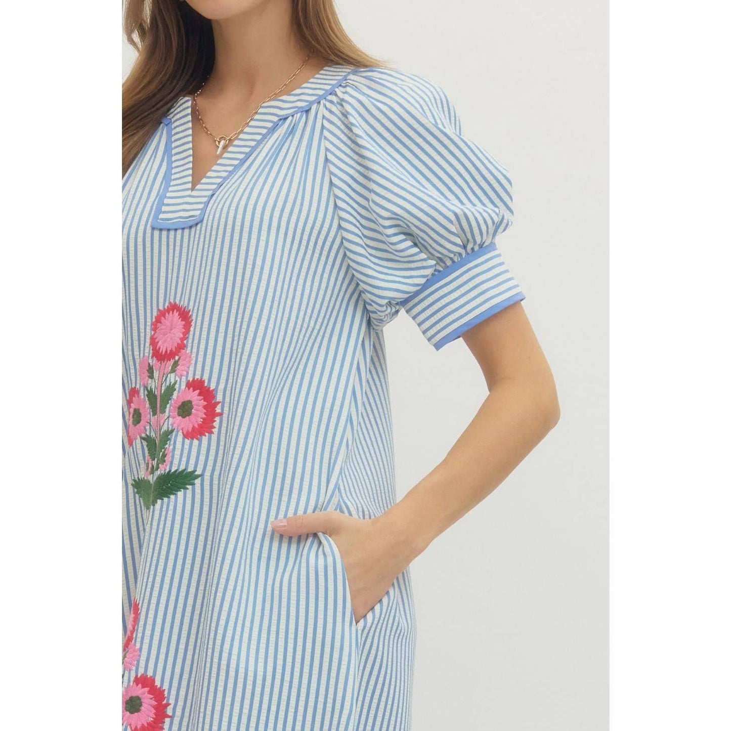 Floral Embroidery Stripe Midi Dress