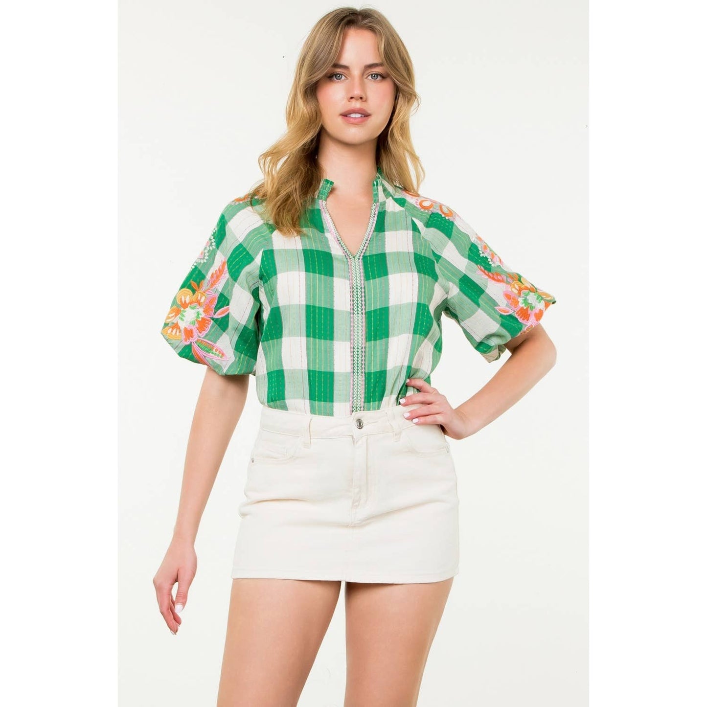 Embroidered Puff Sleeve Plaid Top