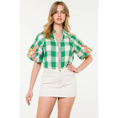 Embroidered Puff Sleeve Plaid Top