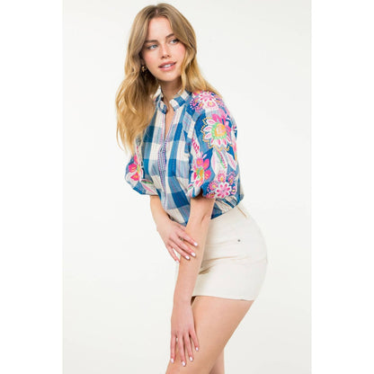 Embroidered Puff Sleeve Plaid Top