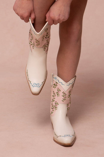 Mini Cream & Pink Rosemary Cowgirl Boots