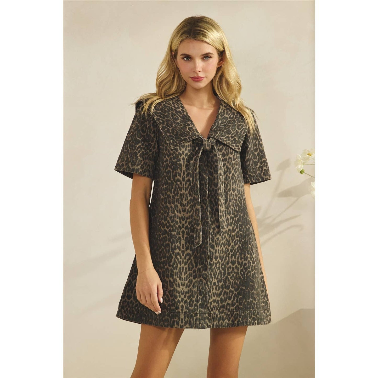 Collared Leopard Printed Denim Mini Dress