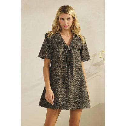 Collared Leopard Printed Denim Mini Dress