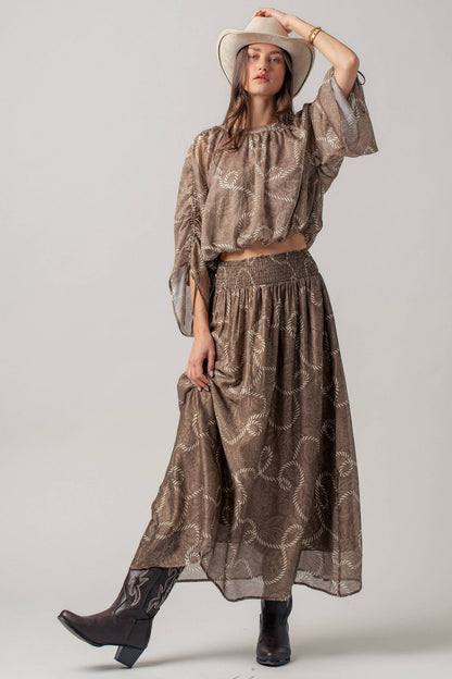 Rope Print Ruched Sleeve Blouse & Smocked Waist Skirt Set