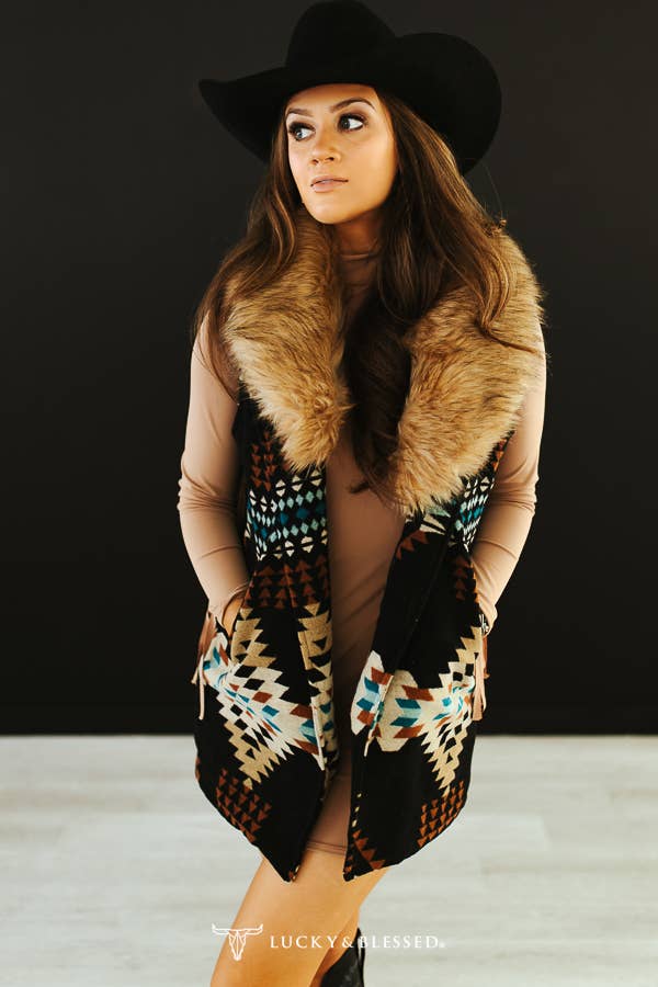 Black Aztec Fur Collar Vest