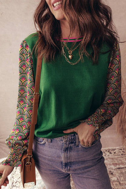 Floral Patchwork Shirred Cuff Puff Sleeve Sweater