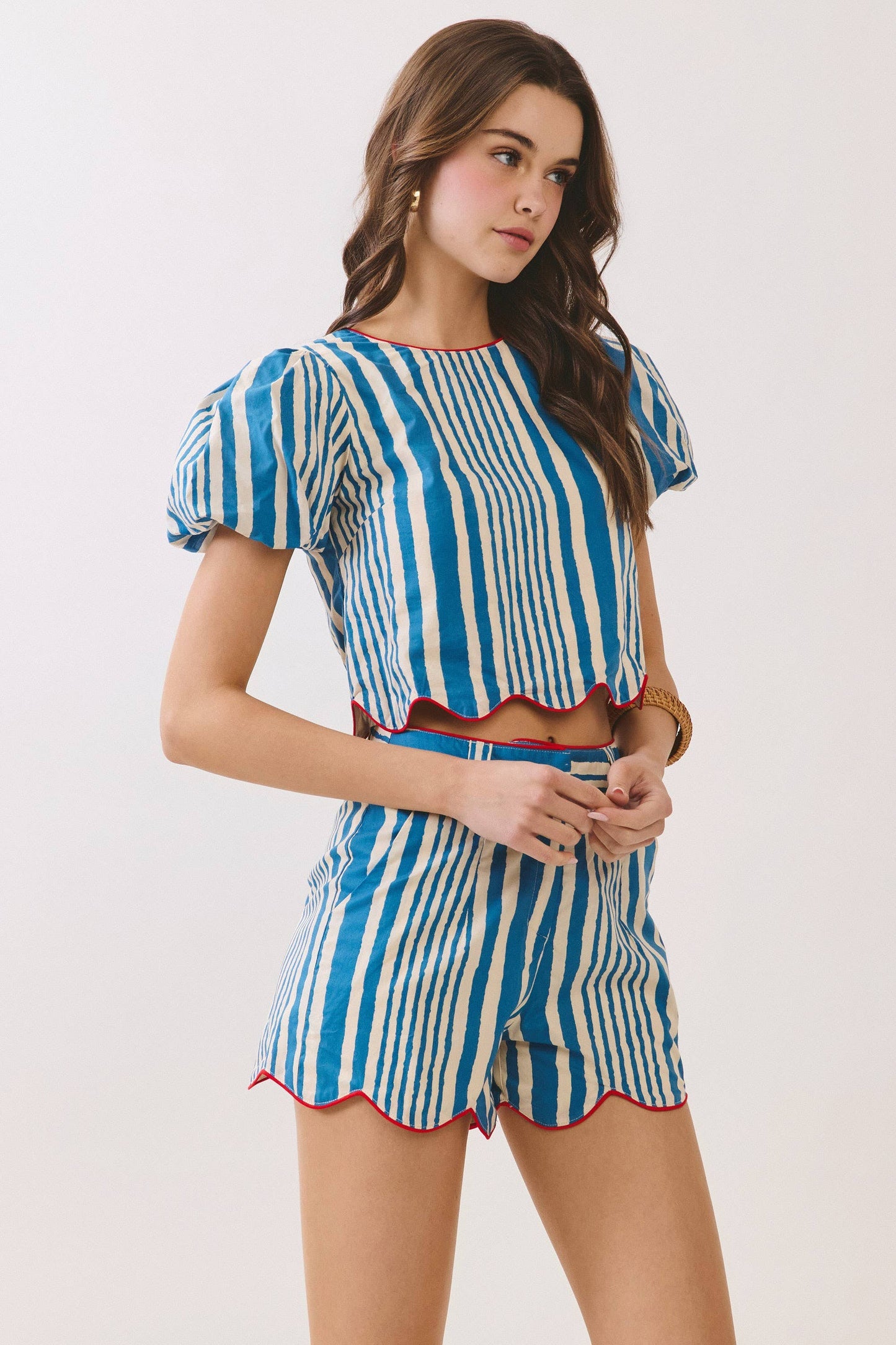 Stripe Scalloped Puff Sleeve Crop Top and Piping Detail Scalloped Shorts Set