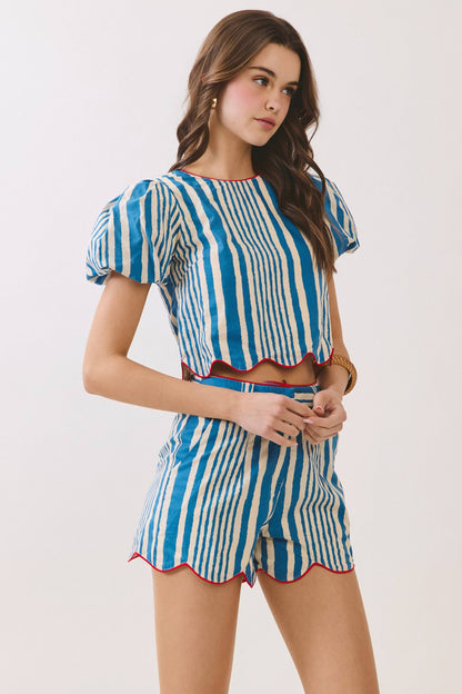 Stripe Scalloped Puff Sleeve Crop Top and Piping Detail Scalloped Shorts Set