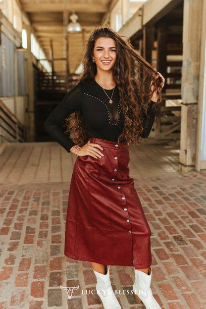 LUCKY & BLESSED Burgundy Faux Leather Pleated Western Skirt