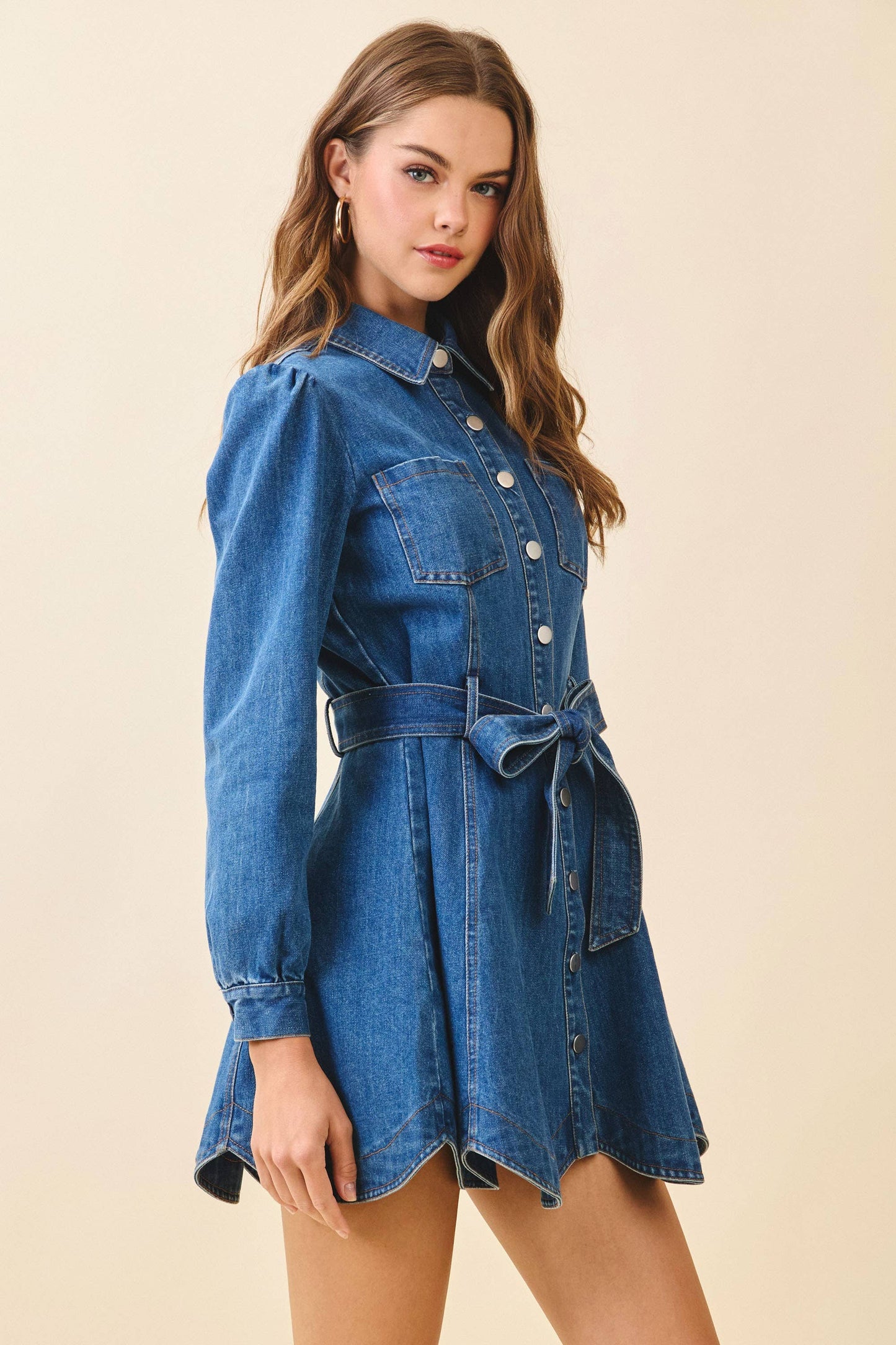 Snap Button Down Front Flare Hem Denim Shirt Dress