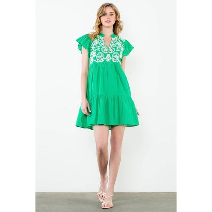 Embroidered Flutter Sleeve Mini Dress