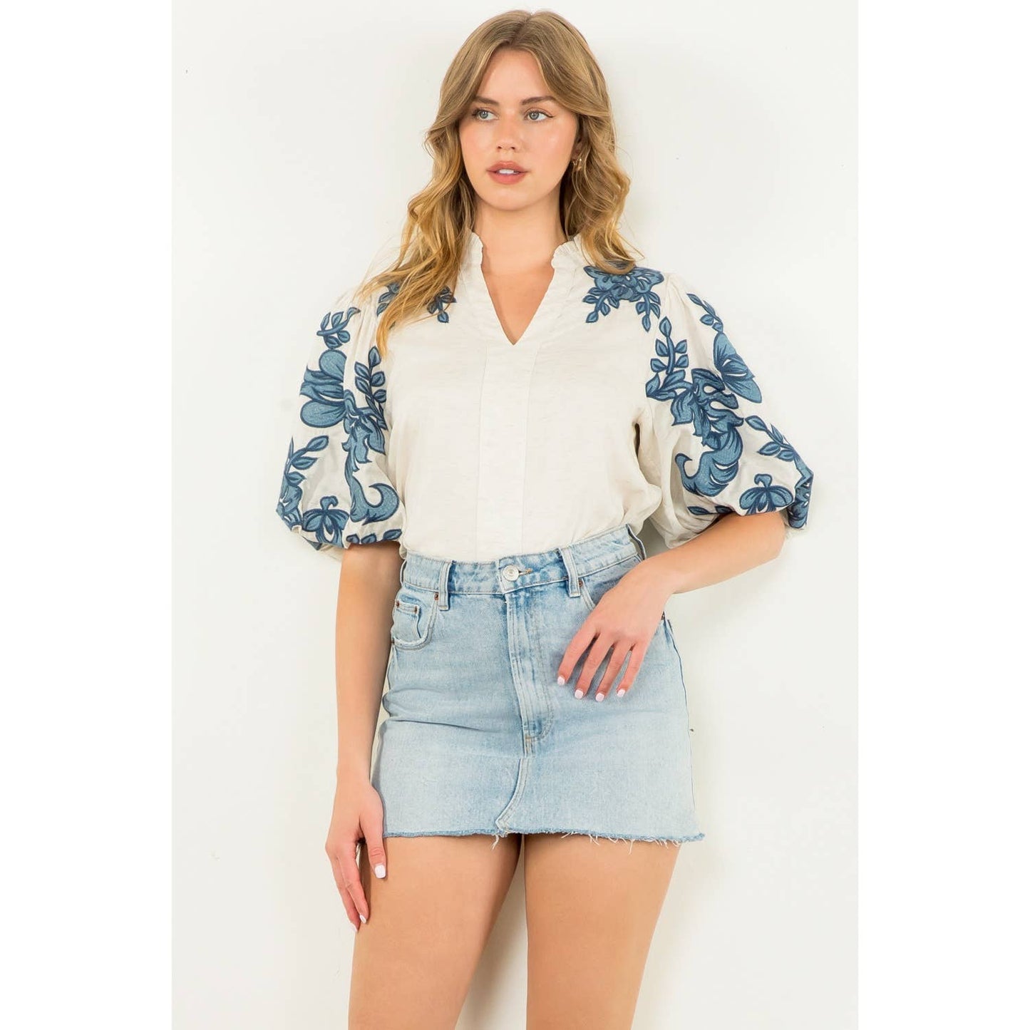 Embroidered Puff Sleeve V-Neck Top