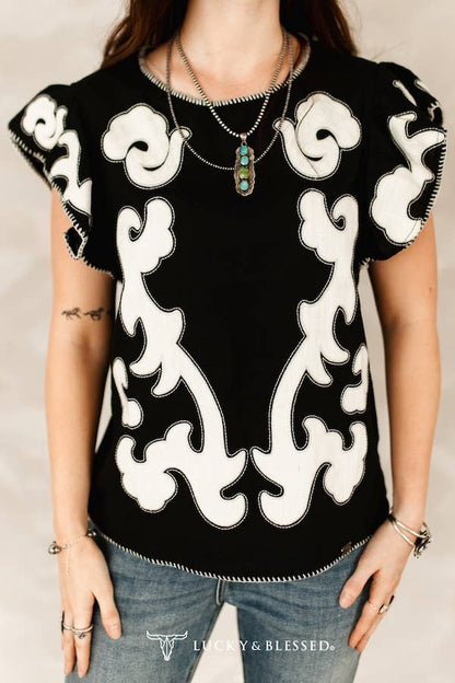 Lucky & Blesses Black Scroll Blouse