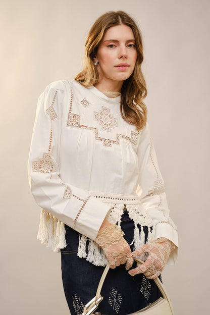 Crochet Tassel Hem Embroidered Top