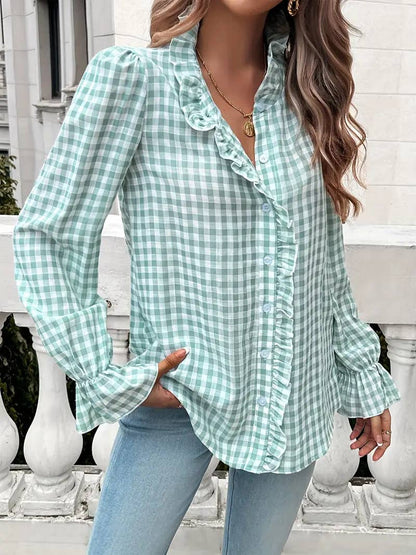 Ruffled Shirt Long-sleeve Plaid Blouse