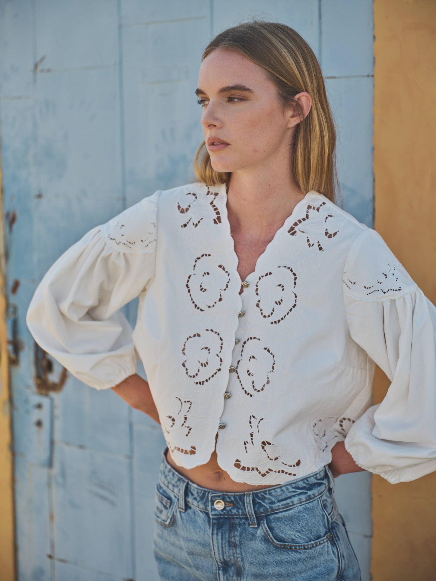 Denim Embroidery Puff Sleeve Top