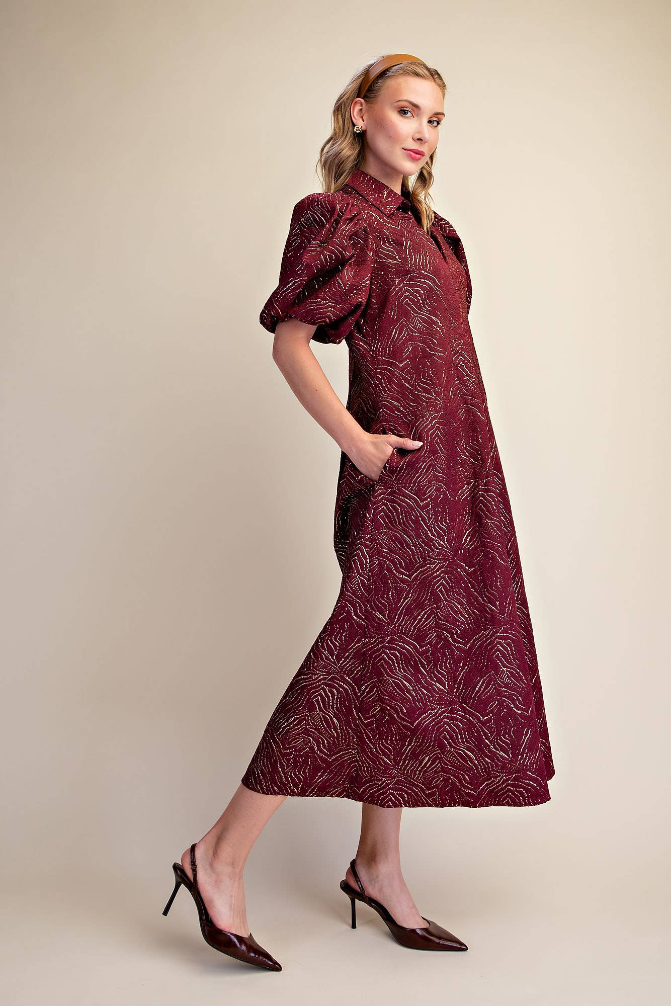 Puff Sleeve Pleated Lurex Midi Dress