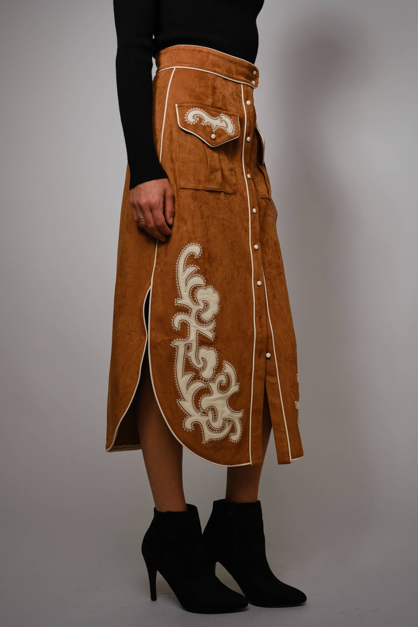 Suede Embroidered Patch Midi Skirt