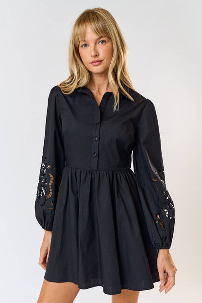 Embroidered Floral Button Up Flared Mini Dress