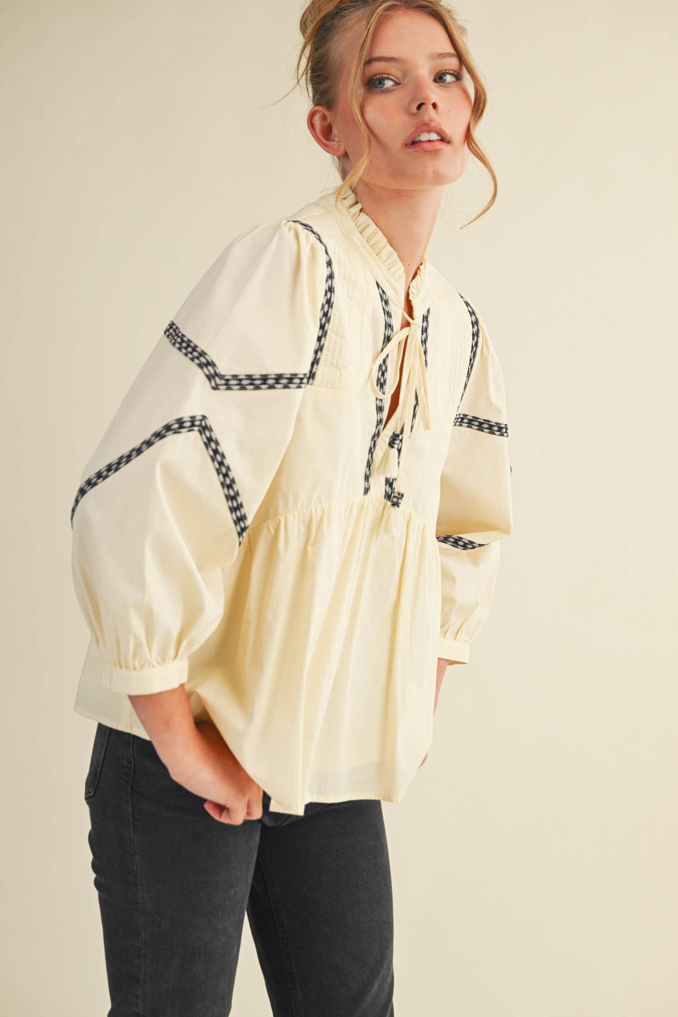 Embroidery Trim Babydoll Blouse