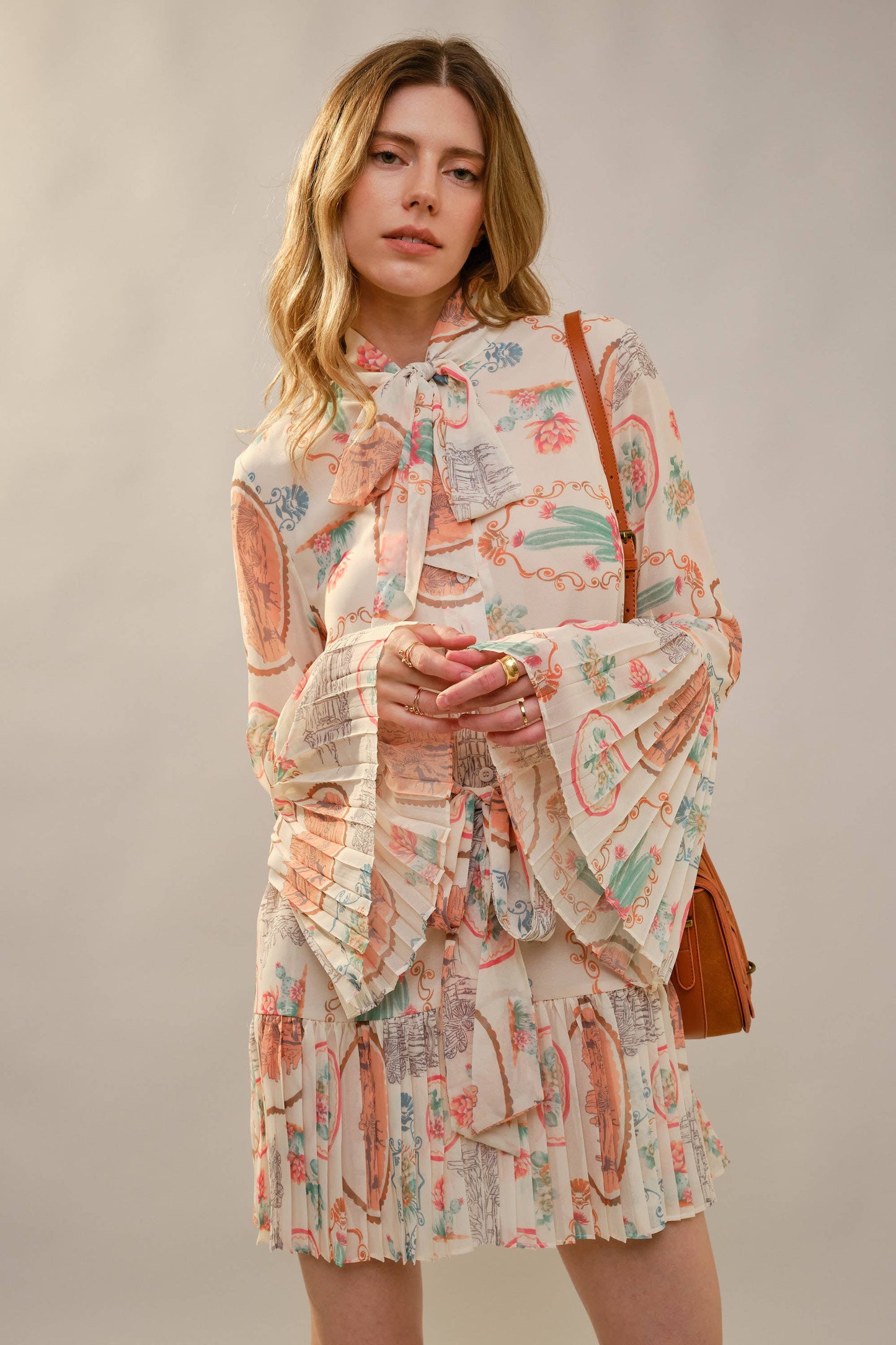Cactus Vintage Print Pleated Mini Dress