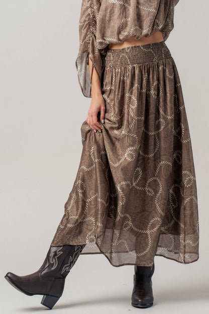 Rope Print Ruched Sleeve Blouse & Smocked Waist Skirt Set