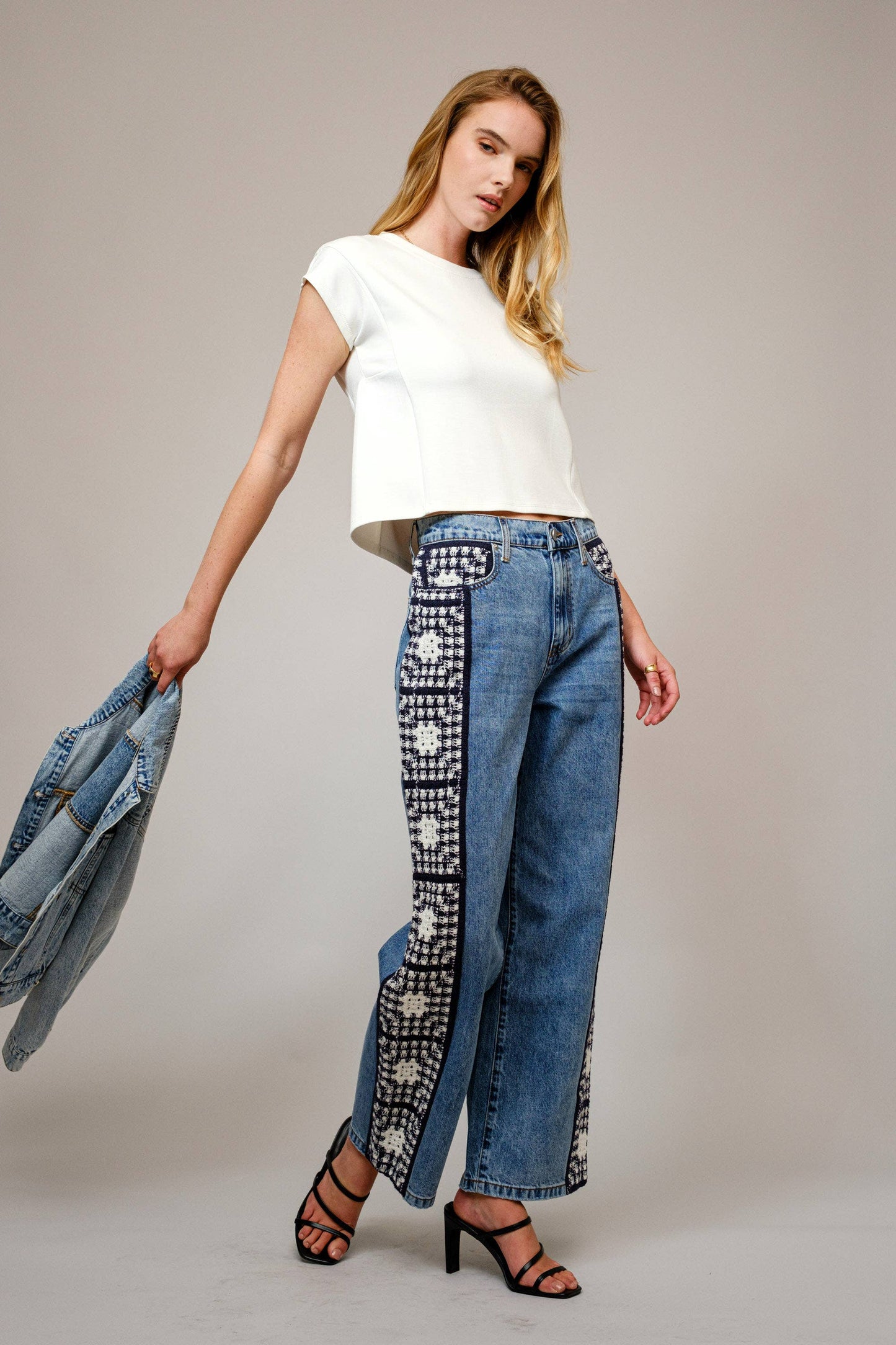 Garment Washed Side Crochet Denim Jeans