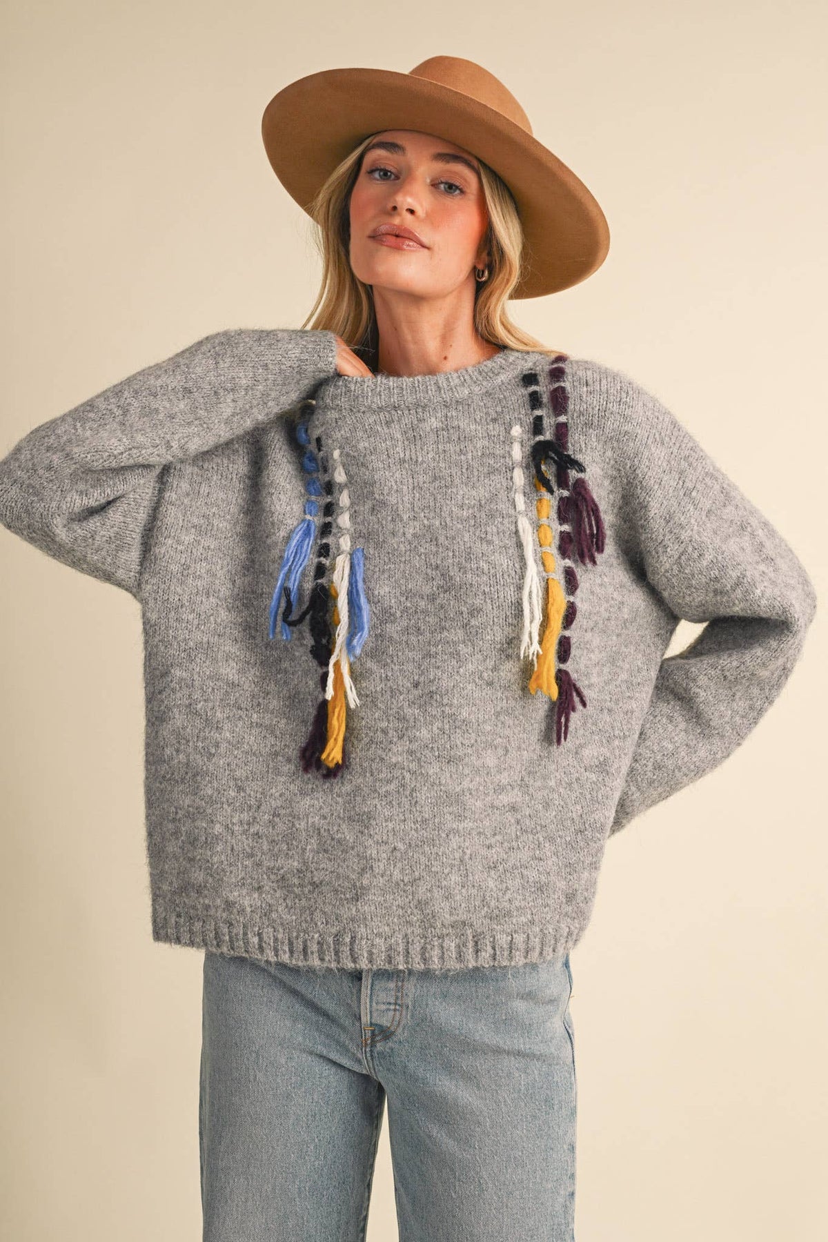 &MERCI Hand Stitched Fringe Accent Sweater