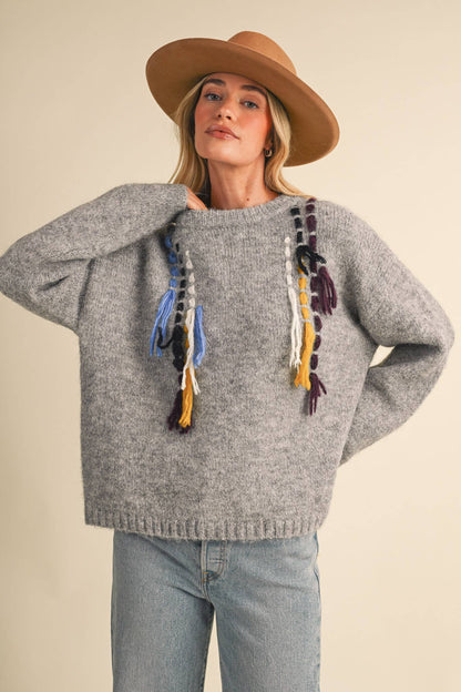 &MERCI Hand Stitched Fringe Accent Sweater
