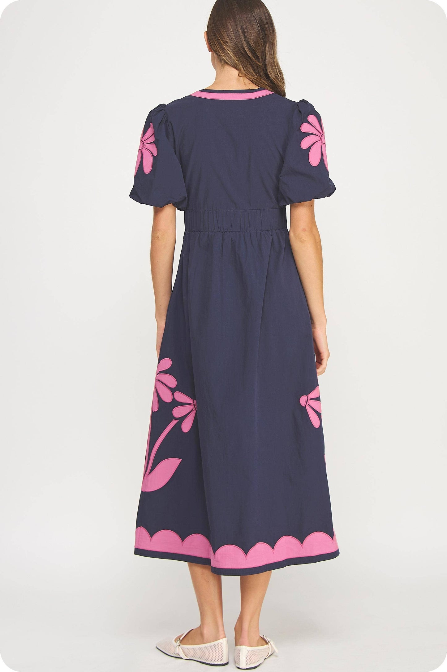 Flower Patch Contrast Embroidery Midi Dress