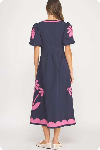 Flower Patch Contrast Embroidery Midi Dress