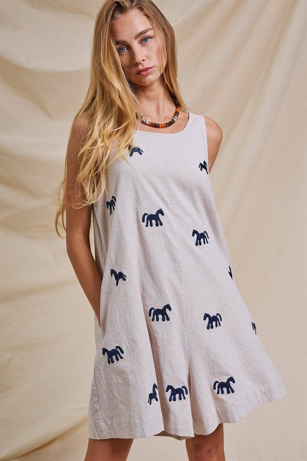 Embroidered Pony Cotton Linen Sleeveless Romper