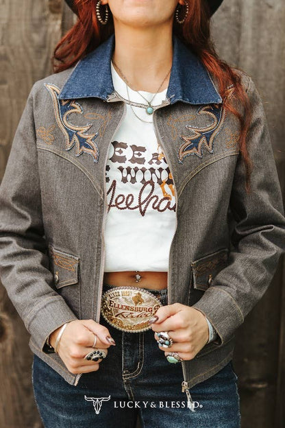 LUCKY & BLESSED Embroidered Western Jacket with Denim Collar