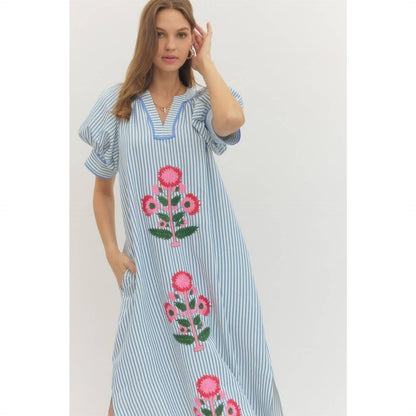 Floral Embroidery Stripe Midi Dress