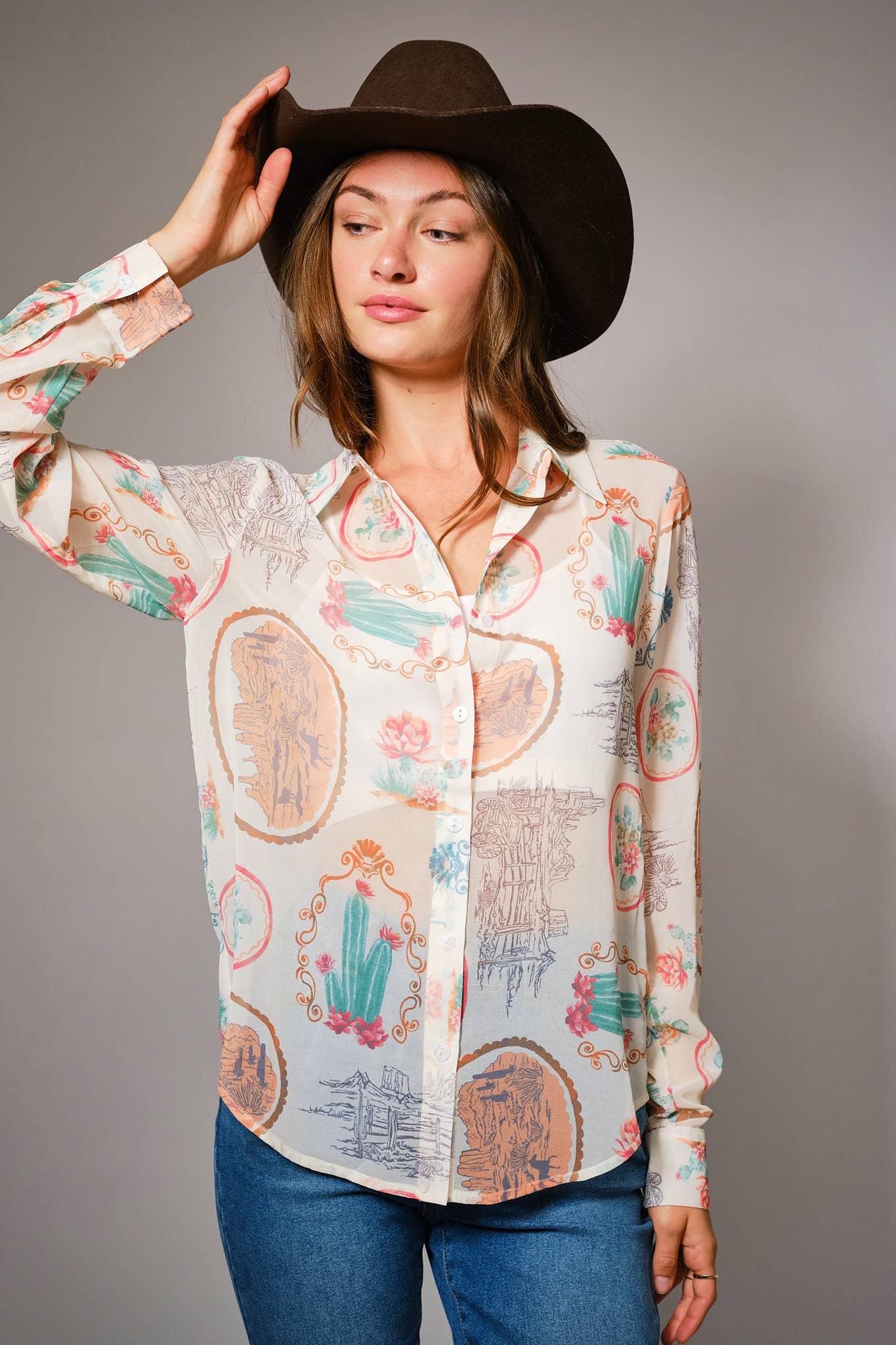 Western Print Chiffon Shirt