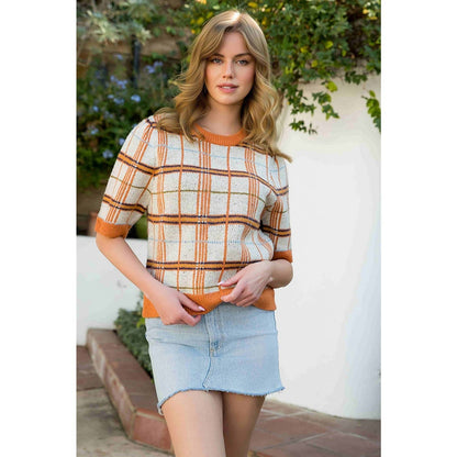 Plaid Half Sleeve Knit Top