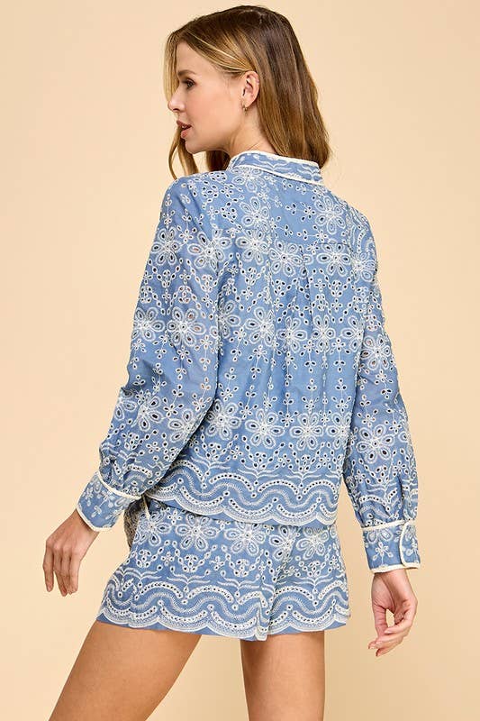 Embroidered Eyelet Button Down Shirt