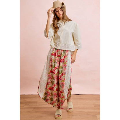 Floral Eyelet Side Elastic Waist Wide Leg Pants