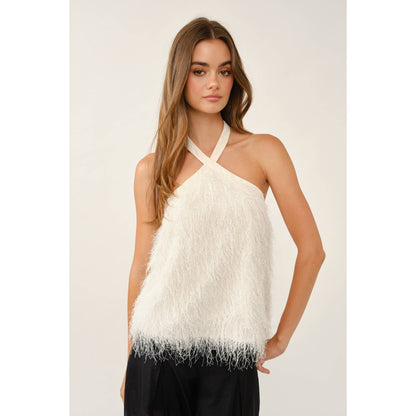 Crisscross Halter Neck Feather Fringe Top