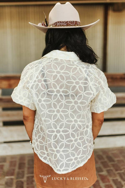 Ivory Puff Sleeve Button Down Floral Collared Top