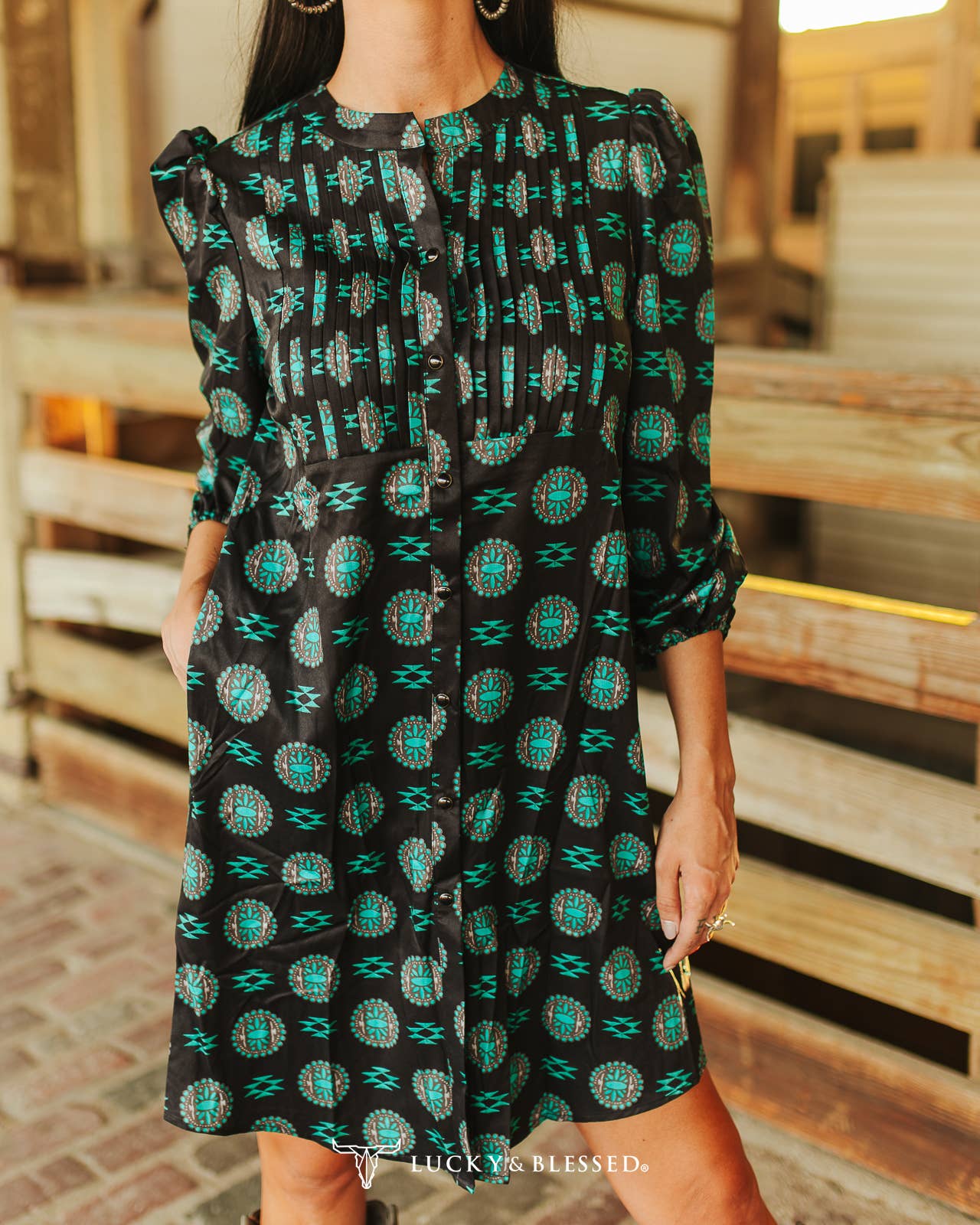 Black Turquoise Stone Printed Pleated Chest Dress