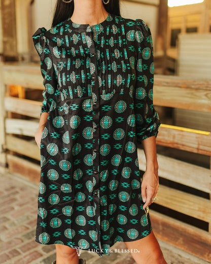 Black Turquoise Stone Printed Pleated Chest Dress