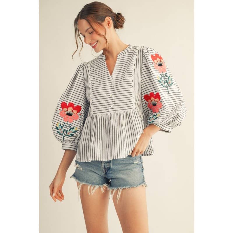 Embroidered Stripe Peplum Top